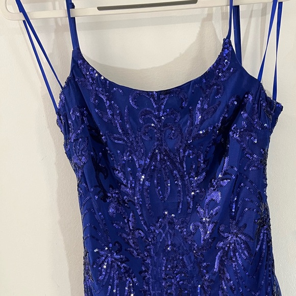 Crystal Sky Satin and Sequin Blue Mini Dress - Picture 1 of 7